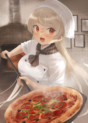 Rule 34 | 1girl, alternate costume, blush, breasts, brown eyes, chef, conte di cavour (kancolle), cooking, food, grey hair, head scarf, highres, indoors, kantai collection, large breasts, long hair, looking at viewer, open mouth, pizza, short sleeves, smile, solo, toka (marchlizard), white headwear
