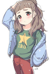 Rule 34 | 1girl, arm up, blue jacket, blunt bangs, blush, breasts, brown hair, character name, closed mouth, collarbone, cowboy shot, dot nose, green shirt, hair bun, hand in pocket, hand on own head, idolmaster, idolmaster cinderella girls, idolmaster cinderella girls starlight stage, jacket, kamiya nao, kuresuku (lessons), long hair, long sleeves, medium breasts, open clothes, open jacket, pants, red eyes, red pants, shirt, shy, simple background, single hair bun, single off shoulder, solo, standing, sweatdrop, thick eyebrows, white background
