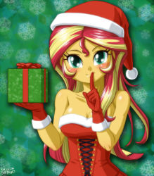 Rule 34 | 1girl, aqua eyes, bare arms, bare shoulders, blonde hair, blush, box, breasts, christmas, cleavage, collarbone, colored skin, dated, dress, female focus, finger to mouth, formal, gift, gift box, gloves, green background, green eyes, hat, highres, holding, holding box, large breasts, lips, long hair, looking at viewer, multicolored hair, my little pony, my little pony: equestria girls, my little pony: friendship is magic, neck, red dress, red hair, santa costume, santa hat, shiny skin, shushing, smile, snowflakes, snowflakes background, solo, strapless, strapless dress, sunset shimmer, two-tone hair, uotapo, yellow skin