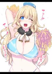 Rule 34 | 1girl, ;d, alternate costume, arm up, armpits, atago (kancolle), beret, bikini, blonde hair, blue bikini, blue eyes, blush, bouncing breasts, breasts, cheerleader, cleavage, commentary request, detached collar, fur collar, hat, himukai kyousuke, kantai collection, large breasts, letterboxed, long hair, looking at viewer, navel, neck ribbon, one eye closed, open mouth, pom pom (cheerleading), ribbon, skindentation, smile, solo, stomach, swimsuit, upper body, white background