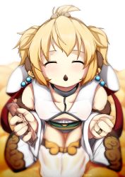 Rule 34 | 1girl, andira (granblue fantasy), animal ears, bare shoulders, blonde hair, commentary request, detached sleeves, earrings, closed eyes, facing viewer, food, granblue fantasy, highres, incoming pocky kiss, jewelry, monkey ears, mouth hold, pocky, pocky day, pocky kiss, psychopath idiot, shared food, short hair, sitting, solo, thigh gap, wings