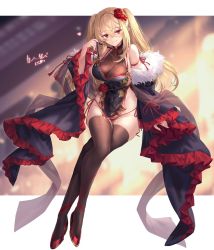 Rule 34 | 1girl, black thighhighs, blonde hair, breasts, china dress, chinese clothes, cleavage, crossed legs, detached sleeves, dress, frilled dress, frills, fur trim, hair ornament, large breasts, long sleeves, looking at viewer, original, pizza kanon, pointy ears, red eyes, red footwear, shichigatsu, side slit, sitting, solo, thighhighs, thighs, twintails