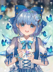 Rule 34 | 1girl, ahoge, blue eyes, blue hair, blue ribbon, blush, bow, bug, butterfly, cirno, dress, earrings, flower, frills, hair bow, hair flower, hair ornament, highres, ice, ice wings, insect, jewelry, kita (kitairoha), looking at viewer, neck ribbon, open mouth, pinafore dress, puffy short sleeves, puffy sleeves, ribbon, shirt, short hair, short sleeves, single earring, sleeveless dress, smile, solo, touhou, upper body, white shirt, wings, wristband