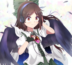 Rule 34 | 1girl, bird wings, black gloves, black wings, blush, bow, breasts, brown eyes, brown hair, buttons, cape, center frills, character name, chitose hachi, closed mouth, collared shirt, commentary request, cowboy shot, feathers, fingerless gloves, frilled shirt collar, frills, gloves, green bow, green skirt, hair bow, hand on headphones, headphones, holding, holding phone, long hair, looking at viewer, medium bangs, parted bangs, phone, print cape, puffy short sleeves, puffy sleeves, radiation symbol, reiuji utsuho, shirt, short sleeves, skirt, small breasts, smile, solo, starry sky print, third eye, touhou, white cape, white shirt, wings