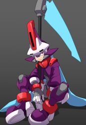 Rule 34 | 1boy, android, aqua hair, armor, boots, cropped jacket, crotch plate, energy blade, fins, full body, gradient background, grey background, head fins, highres, holding, holding scythe, jacket, long hair, looking at viewer, male focus, mega man (series), mega man zx, model w (mega man), omeehayo, open clothes, open jacket, power armor, prometheus (mega man), purple armor, purple footwear, purple helmet, purple jacket, red eyes, scythe, simple background, sitting, skull-shaped hat, solo, white helmet