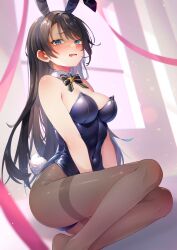 Rule 34 | 1girl, absurdres, animal ears, annmitsu114, aqua eyes, bare shoulders, black bow, black bowtie, black leotard, black pantyhose, blush, bow, bowtie, breasts, cleavage, covered navel, detached collar, fake animal ears, fake tail, highres, hololive, large breasts, leotard, long hair, looking at viewer, oozora subaru, open mouth, pantyhose, playboy bunny, rabbit ears, rabbit tail, solo, strapless, strapless leotard, sweat, tail, thighs, virtual youtuber