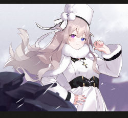 Rule 34 | 1girl, :3, absurdres, akutaa, azur lane, belt, blurry, bow, capelet, cloud, cloudy sky, coat, commentary request, cross, cross necklace, depth of field, fur-trimmed capelet, fur-trimmed coat, fur-trimmed sleeves, fur collar, fur hat, fur trim, hand on own hip, hat, hat bow, hat ribbon, heterochromia, highres, jewelry, long hair, looking at viewer, looking to the side, machinery, murmansk (azur lane), necklace, papakha, ribbon, sidelocks, silver hair, sky, smile, snowing, solo, turret, wind, winter clothes, winter coat