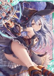 Rule 34 | &gt;:), 1girl, akkijin, armpits, ass, bare shoulders, boots, breasts, dress, feathers, frills, hat, holding, holding staff, holding weapon, looking at viewer, official art, shinkai no valkyrie, silver hair, small breasts, staff, underwear, weapon, witch, witch hat, yellow eyes