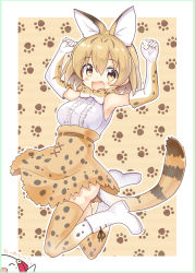 Rule 34 | 10s, 1girl, absurdres, animal ears, blush, boots, elbow gloves, fang, gloves, highres, kemono friends, looking at viewer, nanakusa (user rnpt7322), open mouth, orange eyes, orange gloves, orange hair, orange thighhighs, serval (kemono friends), serval tail, short hair, smile, solo, tail, thighhighs, white footwear, white gloves