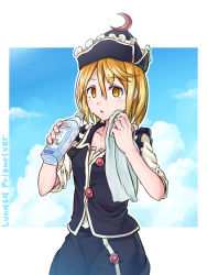 Rule 34 | 1girl, blonde hair, blue sky, bottle, character name, cloud, crescent, day, gradient background, hat, looking at viewer, lunasa prismriver, mumyuu, outdoors, short hair, short sleeves, skirt, skirt set, sky, solo, sweat, touhou, towel, triangle mouth, unbuttoned, water bottle, wiping sweat, yellow eyes