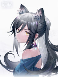 Rule 34 | 1girl, animal ear fluff, animal ears, arknights, artist name, bare shoulders, black collar, blue shirt, cat ears, collar, earrings, extra ears, grey hair, hair between eyes, inuko (redconstellation), jewelry, long hair, looking at viewer, off-shoulder shirt, off shoulder, ponytail, portrait, schwarz (arknights), shirt, simple background, solo, white background, yellow eyes