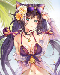 Rule 34 | 1girl, animal ear fluff, animal ears, arm behind back, bikini, black hair, breasts, cat ears, cat girl, cat tail, front-tie bikini top, front-tie top, green eyes, highres, karyl (princess connect!), karyl (summer) (princess connect!), low twintails, multicolored hair, nail polish, princess connect!, solo, swimsuit, sxbzero, tail, twintails, underwear