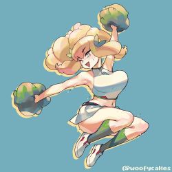 Rule 34 | 1girl, arm up, armpits, blonde hair, blue background, blue eyes, bouncing breasts, breasts, cheering, cheerleader, commentary, drill hair, english commentary, full body, green socks, holding, holding pom poms, jumping, large breasts, legs together, long hair, marielle (woofycakes), midriff, miniskirt, one eye closed, original, pom pom (cheerleading), pom poms, shoes, skirt, sneakers, socks, solo, sports bra, sweat, thick thighs, thighs, twitter username, white footwear, white skirt, white sports bra, woofycakes