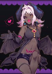 Rule 34 | 1girl, bare shoulders, bat wings, black gloves, collarbone, dark-skinned female, dark skin, earrings, elbow gloves, fang, gloves, goat eyes, heart, heterochromia, highres, horns, invisible chair, jewelry, medium hair, multicolored hair, navel, open mouth, orange eyes, original, pink hair, pubic tattoo, reiga (act000), short shorts, shorts, sitting, smile, solo, speech bubble, stomach tattoo, tattoo, virtual youtuber, white hair, wings