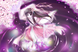 Rule 34 | black hair, brown eyes, cherry blossoms, desuno, dual wielding, floating, flower, folding fan, hair flower, hair ornament, hand fan, holding, japanese clothes, long hair, miko, petals, purple eyes, ripples, smile, solo