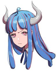 Rule 34 | 1girl, ahoge, blue hair, closed mouth, collared shirt, curled horns, dinosaur girl, horns, jewelry, long hair, looking at viewer, multicolored hair, necklace, one piece, pink eyes, pink hair, raine (acke2445), raised eyebrow, shirt, simple background, solo, streaked hair, ulti (one piece), white background