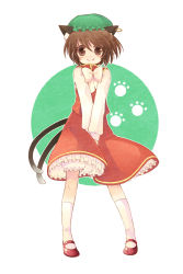 Rule 34 | 1girl, animal ears, bad id, bad pixiv id, bloomers, blush, bow, brown eyes, brown hair, cat ears, cat girl, cat tail, chen, dress, earrings, female focus, hat, highres, jewelry, momoyama nozomu, multiple tails, short hair, smile, solo, tail, touhou, underwear, v arms