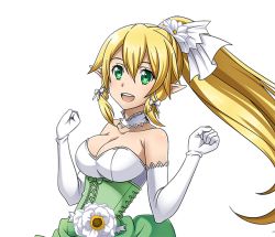 Rule 34 | 1girl, :d, blonde hair, bow, braid, breasts, choker, cleavage, collarbone, elbow gloves, floating hair, flower, gloves, green eyes, hair bow, hair flower, hair ornament, hair ribbon, high ponytail, large breasts, leafa, long hair, looking at viewer, open mouth, pointy ears, ribbon, smile, solo, standing, sword art online, transparent background, twin braids, very long hair, white flower, white gloves, white ribbon