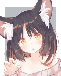 Rule 34 | 1girl, :o, absurdres, animal ear fluff, animal ears, bad hands, black hair, brown hair, cat ears, commentary request, daidai ookami, fang, fox ears, grey background, grey sweater, hair between eyes, hand up, has bad revision, has downscaled revision, head tilt, highres, long sleeves, looking at viewer, md5 mismatch, multicolored hair, off-shoulder sweater, off shoulder, original, parted bangs, parted lips, resolution mismatch, ribbed sweater, solo, source smaller, streaked hair, sweater, two-tone background, upper body, white background, yellow eyes