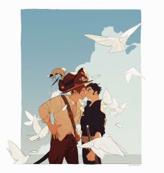 Rule 34 | :|, aged down, arm around back, bird, black hair, black pants, black shirt, blush, closed mouth, cowboy shot, dove, dracule mihawk, earrings, eye contact, feathers, from side, hand on own hip, hat, highres, implied yaoi, jewelry, letterboxed, looking at another, male focus, multiple boys, one piece, pants, partially unbuttoned, red hair, red pants, shanks (one piece), sheath, sheathed, shirt, short hair, smile, straw hat, sword, thi (just minhthi), tricorne, twitter username, weapon, white shirt, yaoi