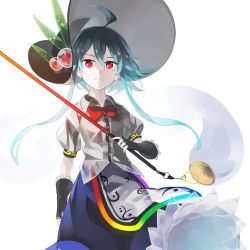 Rule 34 | 1girl, adapted costume, ahoge, alternate hairstyle, apron, black gloves, blue hair, blue skirt, commentary, fingerless gloves, frills, gloves, hat, hat ornament, highres, hinanawi tenshi, holding, holding sword, holding weapon, long hair, looking at viewer, o (crazyoton46), rainbow order, red eyes, shirt, short sleeves, skirt, solo, sword, sword of hisou, tassel, touhou, weapon, white background, white shirt
