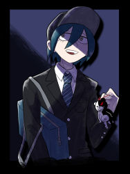 Rule 34 | 1boy, :d, bag, black background, black hat, black jacket, blue background, blue hair, border, buttons, charm (object), commentary, commentary request, danganronpa (series), danganronpa v3: killing harmony, english commentary, eyelashes, furukawa (yomawari), grey eyes, hat, highres, holding, holding bag, jacket, long sleeves, looking up, male focus, monokuma, open mouth, saihara shuichi, school bag, shaded face, shirt, short hair, shoulder bag, smile, solo, spoilers, teeth, two-tone background, upper body, upper teeth only, white shirt