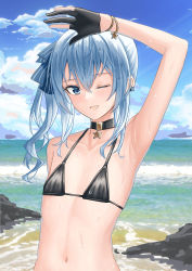 Rule 34 | 1girl, absurdres, andy2465, arm up, armpits, bikini, black bikini, black gloves, blue eyes, blue hair, blue ribbon, choker, day, earrings, flat chest, gloves, hair between eyes, hair ribbon, highres, hololive, hoshimachi suisei, jewelry, looking at viewer, navel, one eye closed, open mouth, outdoors, partially fingerless gloves, ribbon, side ponytail, sky, smile, solo, star (symbol), star bracelet, star earrings, swimsuit, virtual youtuber, wet