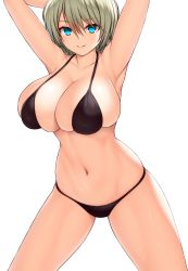 Rule 34 | 1girl, absurdres, armpits, arms behind head, arms up, asamura hiori, bare shoulders, bikini, black bikini, blonde hair, blue eyes, blush, breasts, cleavage, collarbone, highres, large breasts, looking at viewer, navel, original, short hair, smile, solo, swimsuit, thighs