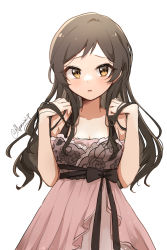 Rule 34 | 1girl, :o, black hair, dress, floral print, hand in own hair, highres, idolmaster, idolmaster million live!, kitazawa shiho, long hair, looking at viewer, nnnn, off-shoulder dress, off shoulder, simple background, solo, straight hair, white background, yellow eyes
