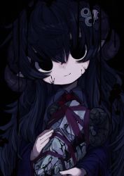 Rule 34 | 1girl, animal skull, bags under eyes, black blood, black eyes, black hair, blood, blood on face, collared shirt, colored blood, dripping, empty eyes, eyeball hair ornament, highres, holding, holding skull, horns, ketopon, long hair, long sleeves, looking to the side, neck ribbon, original, pointy ears, ribbon, shaded face, sheep horns, shirt, skull, smile, solo
