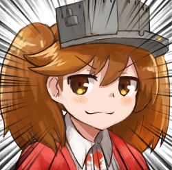 Rule 34 | &gt;:), 1girl, brown eyes, brown hair, closed mouth, collared shirt, doyagao, emphasis lines, kantai collection, looking at viewer, magatama, okitsugu, portrait, ryuujou (kancolle), shirt, simple background, smile, smug, solo, twintails, v-shaped eyebrows, visor cap, white background