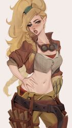 Rule 34 | 1girl, absurdres, belt, blonde hair, blue eyes, braid, buckle, crop top, freckles, gemma (monster hunter wilds), goggles, goggles around neck, green scrunchie, hair ornament, hair scrunchie, hand on own hip, high ponytail, highres, jacket, leather, leather jacket, lips, long hair, midriff, monster hunter (series), monster hunter wilds, navel, open clothes, open jacket, pants, ponytail, scrunchie, side braid, simple background, solo, thick lips, tools, white background, ykshelter