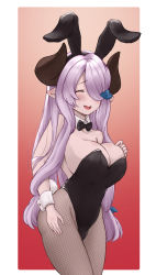 Rule 34 | alternate costume, animal ears, black leotard, blush, border, bow, bowtie, braid, breasts, covered navel, demon horns, detached collar, draph, closed eyes, fake animal ears, fake tail, fishnet pantyhose, fishnets, granblue fantasy, hair over one eye, highleg, highleg leotard, highres, horns, large breasts, leotard, light purple hair, long hair, low tied hair, narmaya (granblue fantasy), pantyhose, playboy bunny, pointy ears, purple hair, rabbit ears, rabbit tail, red background, single braid, solo, strapless, strapless leotard, tail, teriton, white border, wrist cuffs
