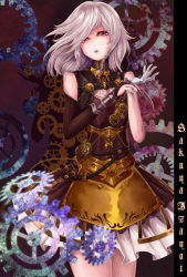 Rule 34 | 1girl, :d, adjusting clothes, adjusting gloves, alternate costume, armor, armored dress, braid, breasts, bridal gauntlets, brown dress, character name, colored eyelashes, compass, cowboy shot, dress, dressing, expressionless, eyebrows, eyelashes, gauntlets, gears, gloves, highres, izayoi sakuya, kisaragiiko, lips, looking at viewer, open mouth, parted lips, red eyes, reversed, silver hair, single gauntlet, single glove, small breasts, smile, solo, standing, steampunk, steampunk (liarsoft), test tube, touhou, twin braids, white gloves, wind, zoom layer