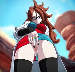 Rule 34 | 1girl, 3d, android 21, animated, arc system works, blue eyes, brown hair, dragon ball, dragon ball fighterz, glasses, highres, lab coat, looking at viewer, no panties, pov, pussy, solo, sound, squiish, succubaeva, tagme, uncensored, video