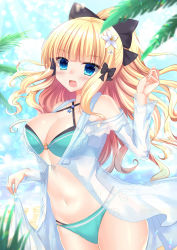 Rule 34 | 1girl, absurdres, aqua bikini, bikini, black bow, blonde hair, blue eyes, blush, bow, breasts, elf, flower, hair bow, hair flower, hair ornament, highres, large breasts, long hair, looking at viewer, open mouth, pointy ears, ponytail, princess connect!, saren (princess connect!), saren (summer) (princess connect!), see-through, shiinyan, side-tie bikini bottom, smile, solo, swimsuit