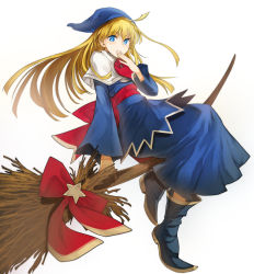 Rule 34 | 1girl, ascot, blonde hair, blue dress, blue eyes, blue footwear, blue hat, boots, broom, broom riding, capelet, closed mouth, commentary, dress, full body, hand to own mouth, hat, highres, light smile, long dress, long hair, long sleeves, looking at viewer, madou monogatari, nishiide kengorou, puyopuyo, red ascot, sash, sitting, wide sleeves, witch, witch (puyopuyo)