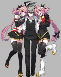 Rule 34 | 3boys, :d, animal ears, astolfo (fate), astolfo (saber) (fate), bad id, bad twitter id, black legwear, black pants, black skirt, black vest, blush, bow, braid, braided ponytail, commentary request, dual persona, fake animal ears, fang, fate/apocrypha, fate/grand order, fate (series), full body, grey background, grey hair, grin, hair bow, haoro, highres, holding hands, long hair, male focus, midriff, multiple boys, navel, open mouth, pants, pink hair, rabbit ears, red eyes, shirt, short hair, sieg (fate), simple background, single braid, skin fang, skirt, smile, standing, thighhighs, trap, vest, white footwear, white shirt