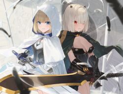 Rule 34 | 2girls, absurdres, armor, armored dress, black feathers, blonde hair, blue eyes, blush, breasts, brown dust 2, capelet, cleavage, commentary request, cowboy shot, feathers, gauntlets, green capelet, hair intakes, hair over one eye, hara kenshi, highres, holding, holding sword, holding weapon, hood, hood up, hooded capelet, horns, jewelry, justia (brown dust), large breasts, multiple girls, necklace, official alternate costume, pearl necklace, red eyes, short hair, smile, sword, wavy mouth, weapon, white capelet, wind