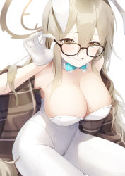 Rule 34 | 1girl, akane (blue archive), akane (bunny) (blue archive), animal ears, blue archive, bow, bowtie, breasts, brown scarf, cleavage, dabuki, detached collar, glasses, gloves, grin, halo, highres, large breasts, leotard, official alternate costume, pantyhose, playboy bunny, rabbit ears, scarf, sitting, smile, solo, thighs, white gloves, white leotard, white pantyhose