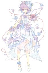 Rule 34 | 1girl, :|, ahoge, ankle flower, arm at side, bare legs, blue flower, blue rose, bow, buttons, closed mouth, collared dress, dress, expressionless, eyebrows hidden by hair, flower, frilled dress, frilled shirt collar, frills, full body, hair flower, hair ornament, hairband, hand up, heart, heart button, heart hair ornament, highres, jitome, komeiji satori, leaf, looking at viewer, nikorashi-ka, open hand, pink bow, pink flower, pink rose, purple eyes, purple hair, red eyes, red flower, red rose, ribbon, rose, shoes, simple background, sleeveless, sleeveless dress, solo, standing, symbol-only commentary, third eye, touhou, vine print, waist bow, white background, white bow, white dress, white footwear, white hairband, white ribbon