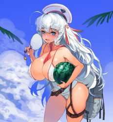 Rule 34 | 1girl, backpack, bag, belt, billy (destiny child), blue eyes, blue sky, breasts, cleavage, cloud, destiny child, food, fruit, gomchiman, hair ribbon, hand fan, hat, large breasts, long hair, looking at viewer, palm leaf, ribbon, sailor hat, silver hair, sky, sweatdrop, swimsuit, tan, watermelon