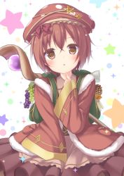 Rule 34 | 1girl, absurdres, backpack, bag, bow, brown eyes, brown hair, child, fantasy, food, fruit, grapes, hair bow, hat ornament, highres, leanbox, looking at viewer, open mouth, original, pinecone, polka dot headwear, sasakura momiji, solo, staff, wide sleeves