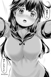 Rule 34 | 10s, 1girl, ahoge, black hair, blush, breasts, commentary request, female focus, greyscale, highres, incoming hug, kantai collection, large breasts, long hair, looking at viewer, monochrome, nose blush, open mouth, pov, sakimori dan, school uniform, solo, sweat, translated, twitter username, ushio (kancolle), watermark, yandere