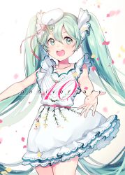 Rule 34 | 1girl, anniversary, dress, green eyes, green hair, hat, hatsune miku, jewelry, long hair, necklace, open mouth, solo, tiny (tini3030), twintails, very long hair, vocaloid, white dress