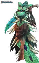 Rule 34 | aquatic scourge (calamity mod), artist name, braid, braided ponytail, breasts, brown dress, calamity (terraria mod), cleavage, colored skin, dress, hair bun, highres, huge breasts, lamia, long hair, mandibles, midriff, monster girl, personification, simple background, spikes, sprite, teal hair, teal skin, terraria, tntheaven, white background
