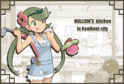 Rule 34 | :d, :q, apron, arm up, armpits, bare shoulders, berry, blouse, blush stickers, bounsweet, creatures (company), cup, english text, flower, flower on head, game freak, gen 7 pokemon, green eyes, green hair, hair flower, hair ornament, holding, holding cup, island kahuna, kitchen, ladle, licking lips, mallow (pokemon), multiple girls, mushroom, nintendo, olivia (pokemon), open mouth, pink shirt, plate, pokemon, pokemon (creature), pokemon sm, punk girl (pokemon), ranka (tonbo), shirt, sink, sleeveless, sleeveless shirt, smile, swept bangs, tasting, tasting plate, text focus, tongue, tongue out, trial captain, twintails