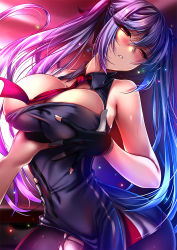 Rule 34 | 1girl, akeyama kitsune, azur lane, black pantyhose, black ribbon, blue hair, blush, braid, breasts, cleavage, contrapposto, cowboy shot, dress, essex (azur lane), french braid, gloves, grabbing, hair ribbon, half-closed eyes, head tilt, large breasts, long hair, looking at viewer, necktie, one breast out, pantyhose, parted lips, pov, red eyes, red necktie, ribbon, sleeveless, sleeveless dress, solo, solo focus, sweat, torn clothes, torn legwear, torn pantyhose, twintails