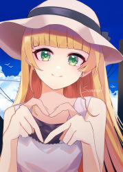 Rule 34 | 1girl, absurdres, blonde hair, blunt bangs, closed mouth, commentary, dress, english text, eyebrows hidden by hair, finger heart, green eyes, hat, heanna sumire, highres, long hair, looking at viewer, love live!, love live! superstar!!, nagisa iori, outdoors, sidelocks, smile, solo, split mouth, sun hat, sundress, white dress, white hat