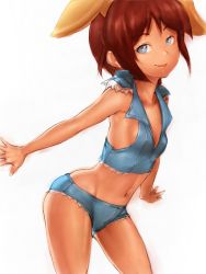 Rule 34 | 10s, 1990s (style), 1girl, :d, adapted costume, animal ears, armpits, b-daman, blue eyes, breasts, brown hair, child, cleavage, cowboy shot, crop top, cross fight b-daman, fake animal ears, flat chest, from side, fumio (rsqkr), hip focus, lace, leaning forward, looking at viewer, looking back, midriff, navel, no bra, open mouth, outstretched arms, popped collar, rabbit ears, retro artstyle, seductive smile, short hair, short shorts, shorts, sideboob, simple background, sketch, small breasts, smile, solo, spread arms, standing, tenpouin ruri, vest, white background, wide hips, wing collar